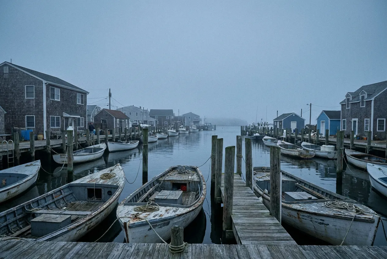 A small New Jersey harbor town waterfront with moored fishing boats and weathered docks on a quiet morning
