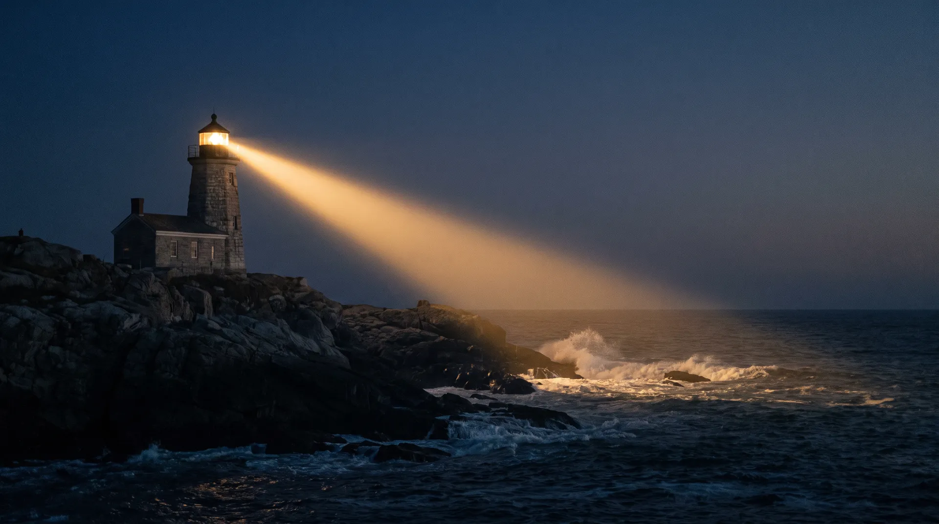 A lighthouse on a rocky point at blue hour, its warm beam cutting across a dark navy Atlantic toward the shore