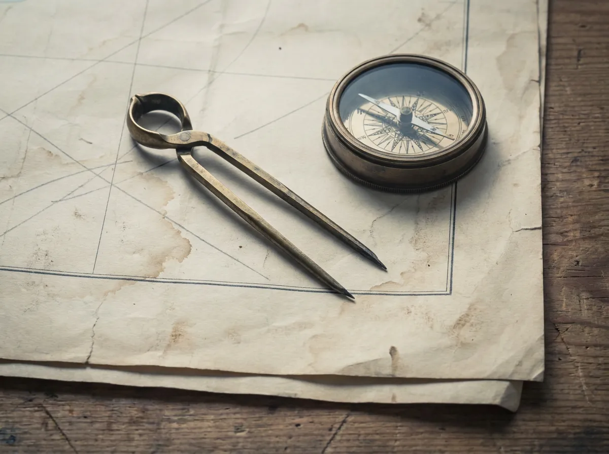 Top-down still life of brass navigation dividers and a compass resting on a nautical chart