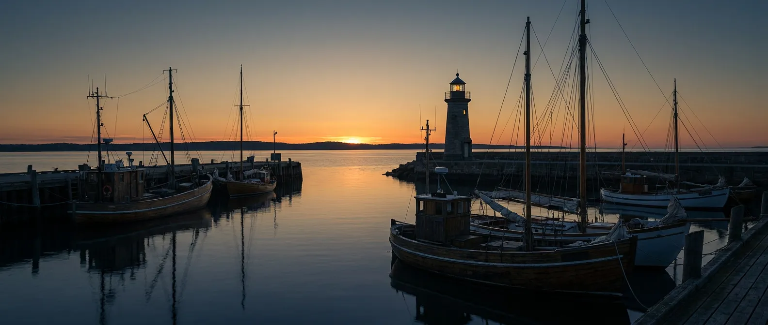 A quiet harbor at first light of dawn, warm gold breaking over calm water and moored boats, a lighthouse silhouette with its lamp still lit
