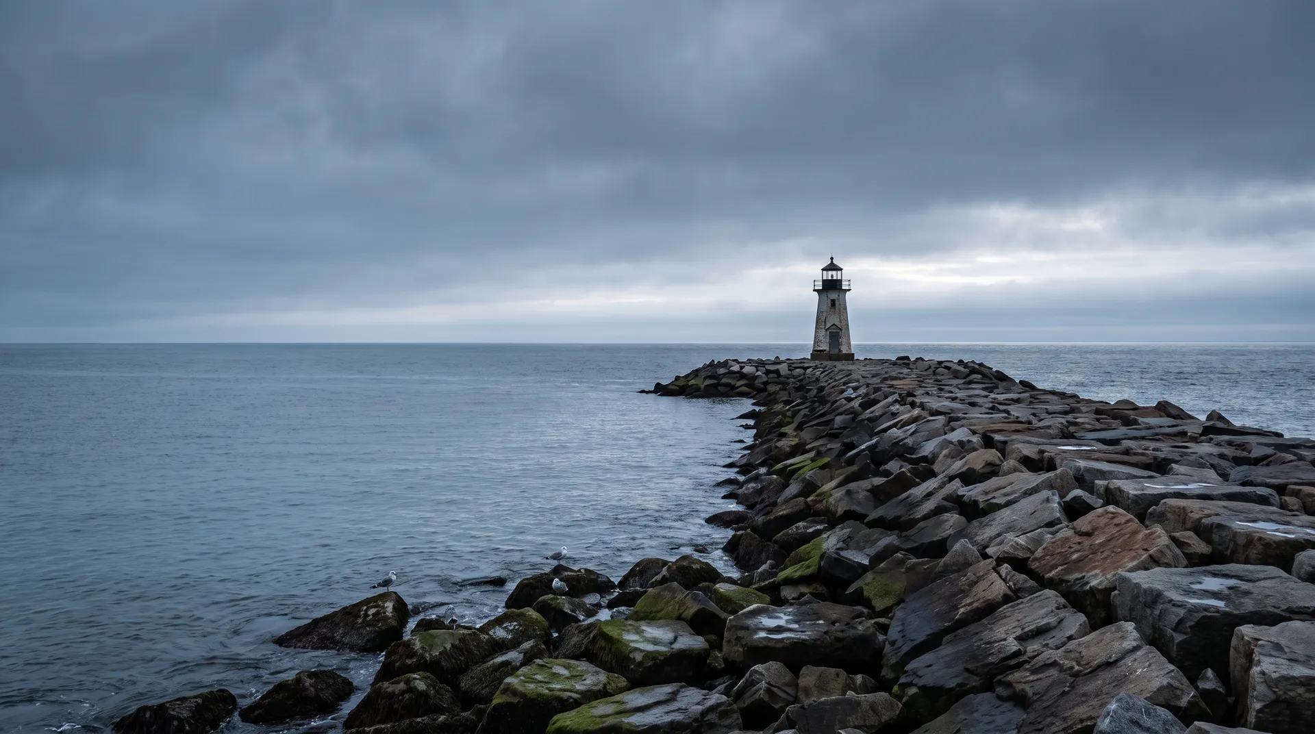 A rocky harbor point with a small lighthouse at the end of the jetty, New Jersey Atlantic coast at dawn