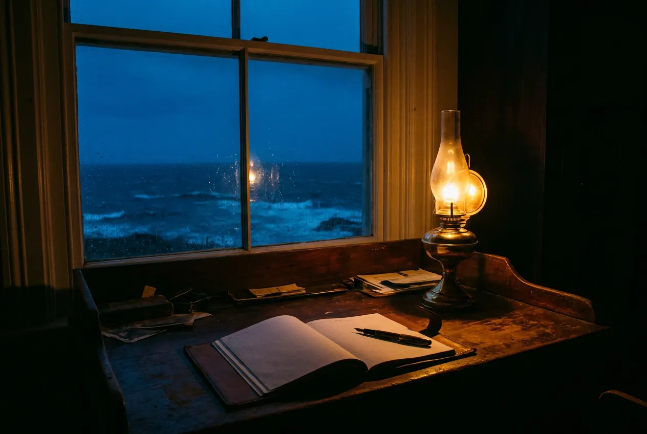A keeper's wooden desk at night with a lit brass oil lamp, an open logbook and fountain pen, the dark sea visible through the window beyond