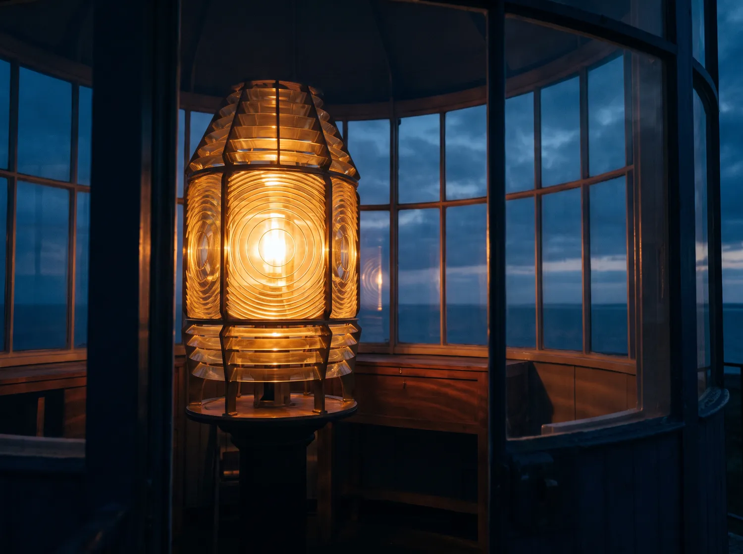Interior of a lighthouse lamp room at night, a glowing Fresnel lens throwing warm amber light against dark glass panes and night sky