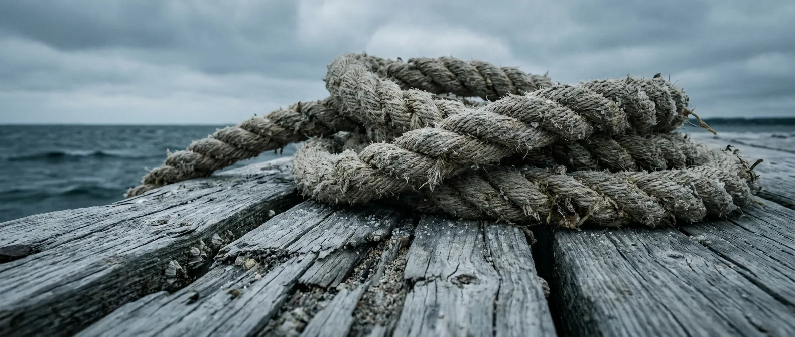 Macro close-up of weathered dock rope coiled on grey timber