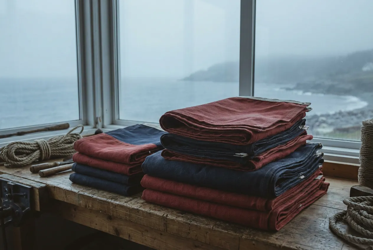 Maritime signal flags folded and stacked neatly on a workbench, muted red and navy fabric