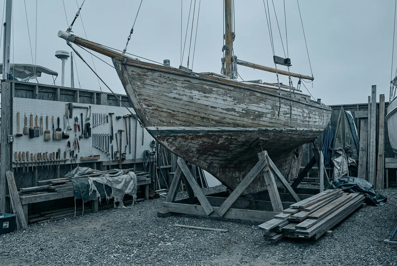 A small wooden boat in drydock on stands being maintained, tidy boatyard with tools hung neatly, no people