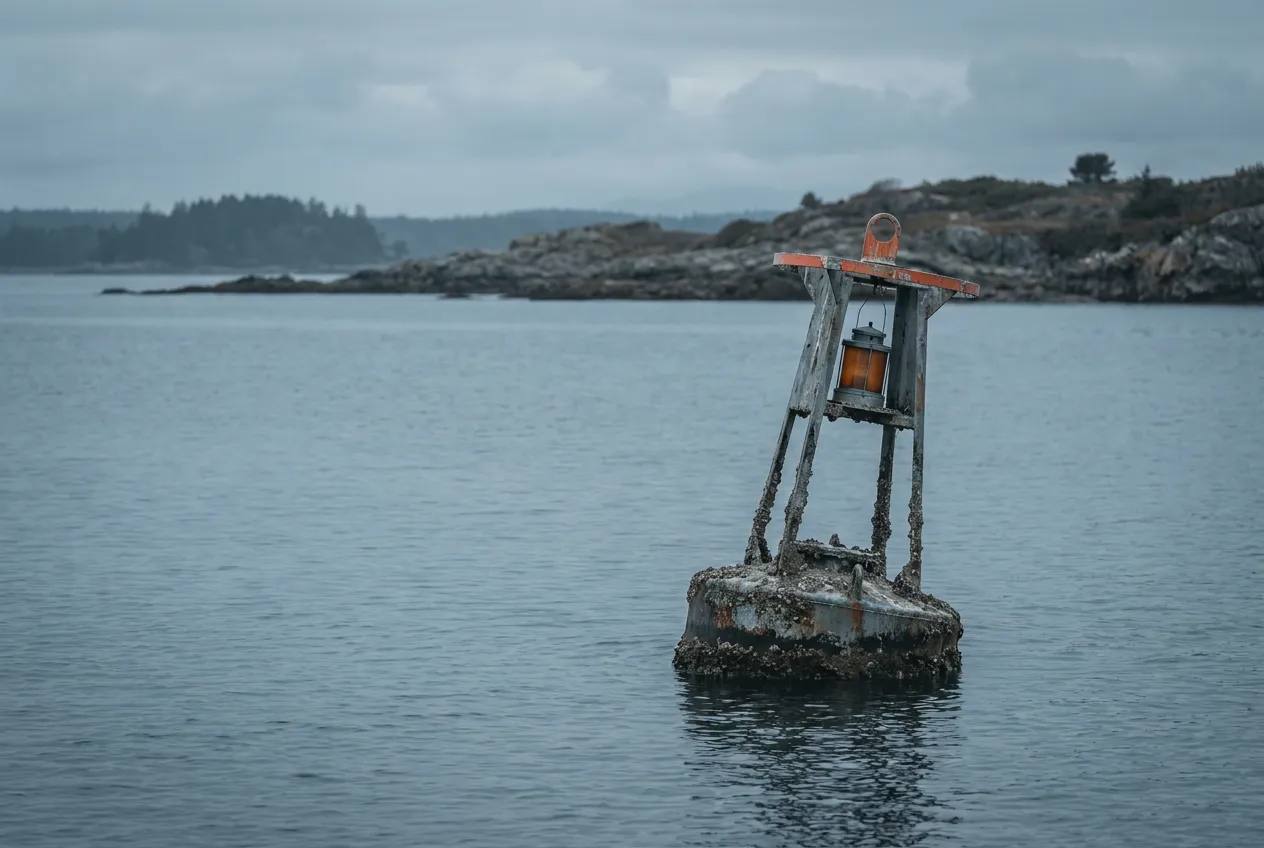 A harbor channel marker buoy in calm grey water with a distant shoreline, a single point of muted orange color