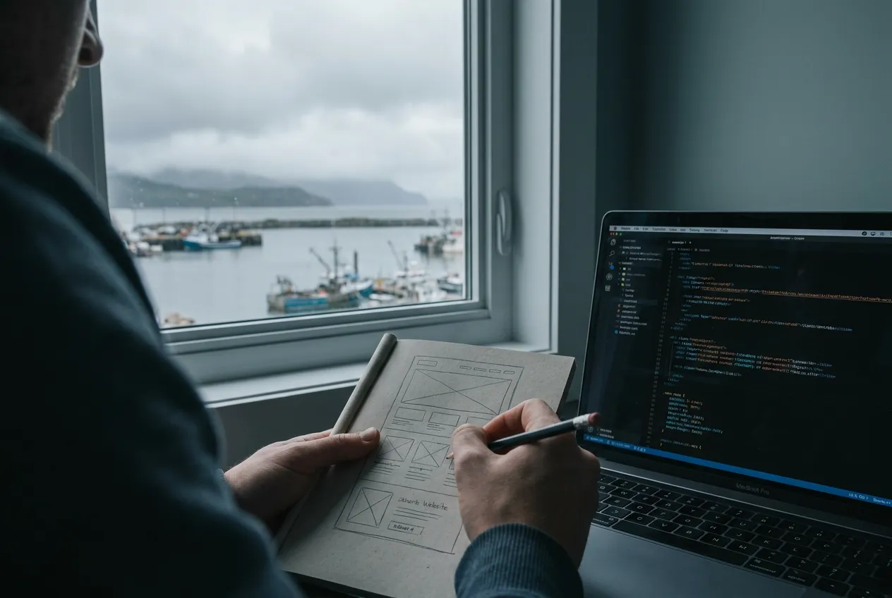 Over-the-shoulder view of hands sketching website wireframes in pencil beside a laptop showing a code editor, harbor visible through the window
