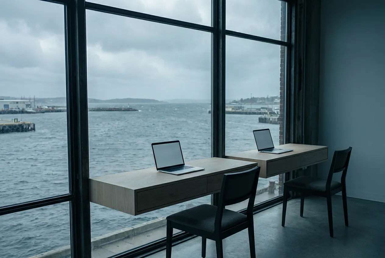 Two identical minimal wooden desks side by side by a large window overlooking a grey harbor, a laptop on each