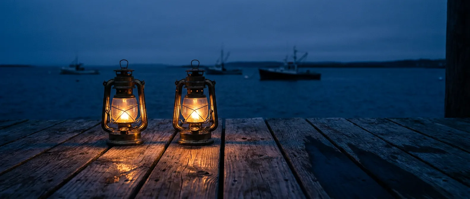 Two identical lit brass storm lanterns side by side on weathered dock planks at dusk, twin warm glows against the dark blue evening